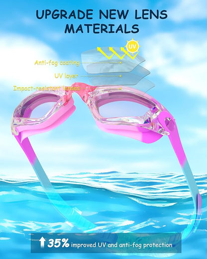 Kids Swim Goggles, Swimming Goggles for Kids Toddlers 3-14 with Swim Cap, Nose Clip, Nose Bridge, Ear Plugs