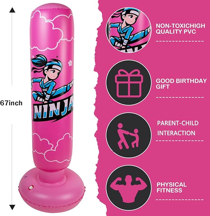 Larger Inflatable Punching Bag for Kids with Boxing Gloves,Tall 66 Inch Ninja Kids Inflatable Boxing Bag,Gifts for Boys & Girls Age 5-12 for Taekwondo,MMA and Practicing Karate