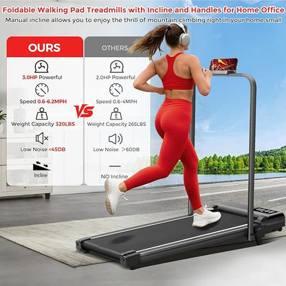 Portable Walking Pad with Incline and Handle Bar, 3.0HP Electric Treadmills for Home Small, 0.6-6.2MPH Compact Walking Pads Treadmills with Handles and Incline for Small Spaces, 320LB Capacity