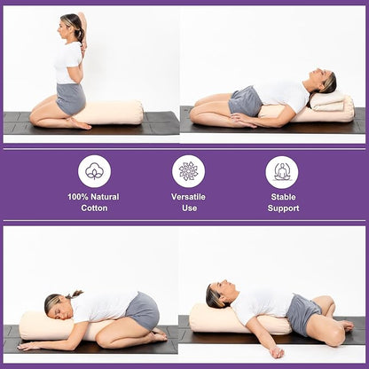 Yogikuti Iyengar Yoga Bolster Pillow for Restorative Yoga & Meditation Poses – 100% Cotton, Firm & Durable Cylindrical Cushion with Washable Cover, Perfect for Balance & Supportive Asanas (White)