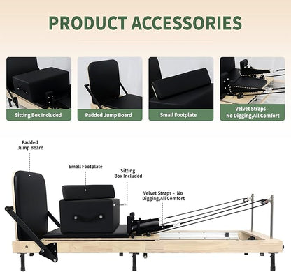 Foldable Pilates Reformer with Sitting Box, Double Jump Boards – Wooden Pilates Reformer Machine with Velvet Straps, German Springs, Smooth Aluminum Rails, Pilates Machine for Home