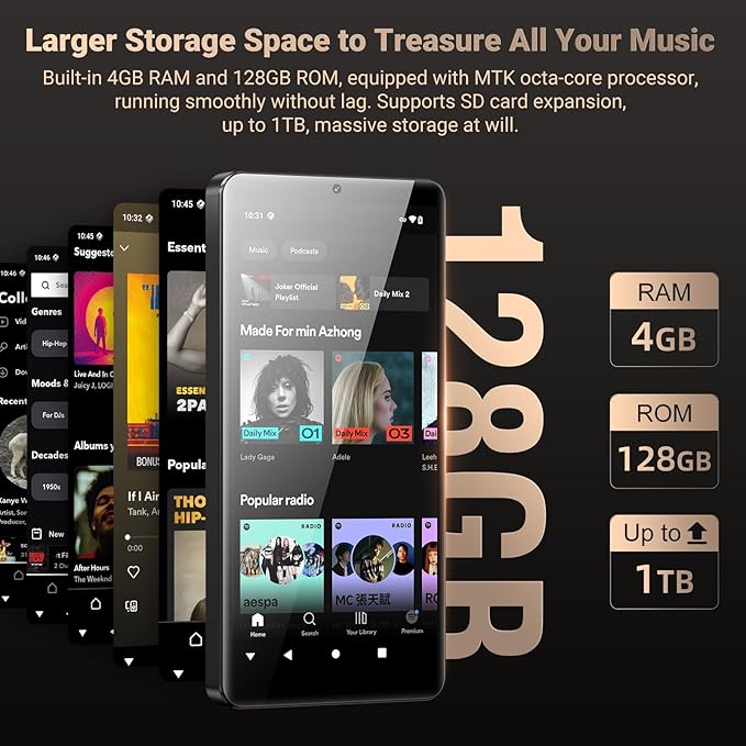 128GB MP3 Player with Bluetooth and WiFi, Android 13.0, 5.5" HD Touchscreen, 13MP Camera, Preloaded Spotify, Pandora, 1TB Expandable & Parental Controls Black