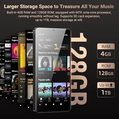 128GB MP3 Player with Bluetooth and WiFi, Android 13.0, 5.5" HD Touchscreen, 13MP Camera, Preloaded Spotify, Pandora, 1TB Expandable & Parental Controls Black
