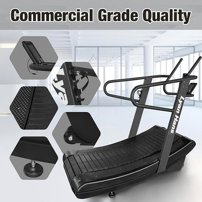 Curved Manual Treadmill, Non-Electric Curve Treadmill with 4 Resistance Levels, Self-Generated Air Runner with LCD, Commercial Motorless Treadmills for Home Gym, 450LBS Capacity, Black
