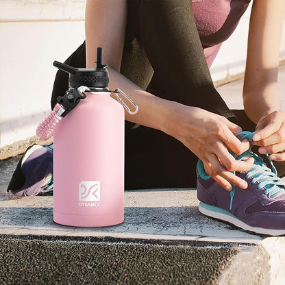 Insulated Water Bottle | Thickened Stainless Steel Vacuum Metal | Portable Sports Half Gallon Large Water Jug for Gym and Hiking with Straw, Carrier Bag, Handle Strap | BPA-Free 64 oz