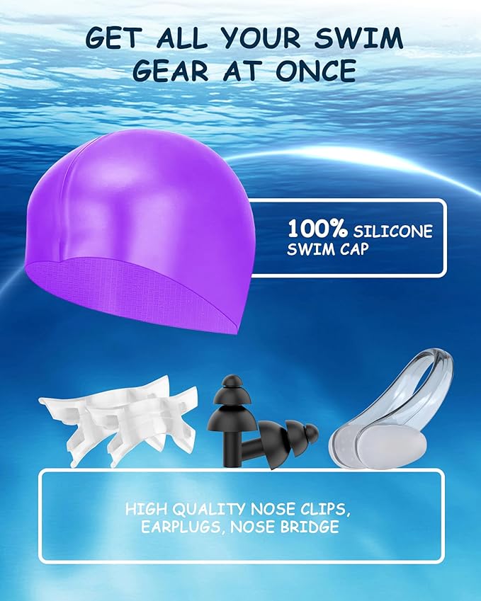 Kids Swim Goggles, Swimming Goggles for Kids Toddlers 3-14 with Swim Cap, Nose Clip, Nose Bridge, Ear Plugs