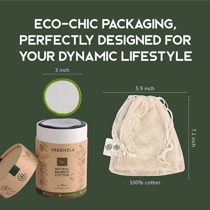 Greenzla Reusable Makeup Remover Pads, Washable Bamboo Cotton Rounds with Mesh Laundry Bag, Travel Pouch, Pad Holder - Reusable Cotton Rounds for All Skin Types - Perfect for Face Care, 30 Pack