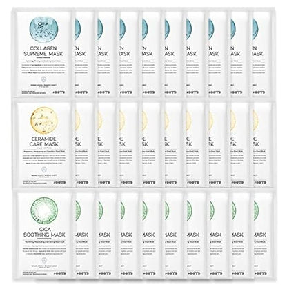 Hydrating Soothing Sheet Masks Gift Set for Skincare, Korean Vegan Sheet Mask for Dry, Sensitive Skin, Calming, Smoothing, Brightening, Collagen, Ceramide, Cica, Hyaluronic Acid 30EA
