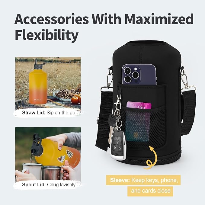 One Gallon Water Bottle Insulated with DIY Stickers, Triple Wall Vacuum Cold for 48 Hrs Leak-proof Non-BPA, 128oz Large Sports Stainless Steel Water Jug with Paracord Handle Straw Spout Lids