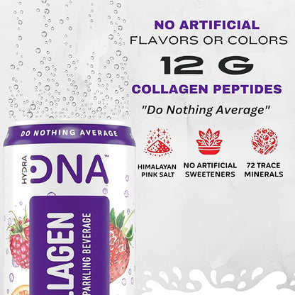 HYDRADNA- Sparkling Liquid Collagen Protein Water Drink Balanced Nutrients for Wellness - Sugar-Free - Keto-Friendly - No Gluten (12 Pack) Berry Punch