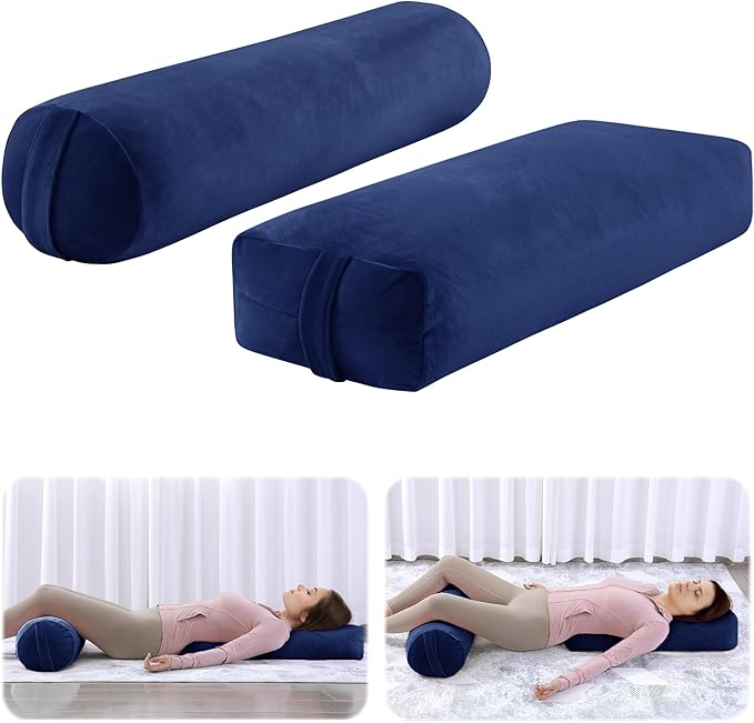 ROYALAY 2 Pcs Yoga Bolster Pillow for Restorative Yoga, Rectangular and Cylinder Meditation Pillow Set with Carrying Handles, Supportive Cushion for Exercise Workout Stretching Meditation,Dark Blue