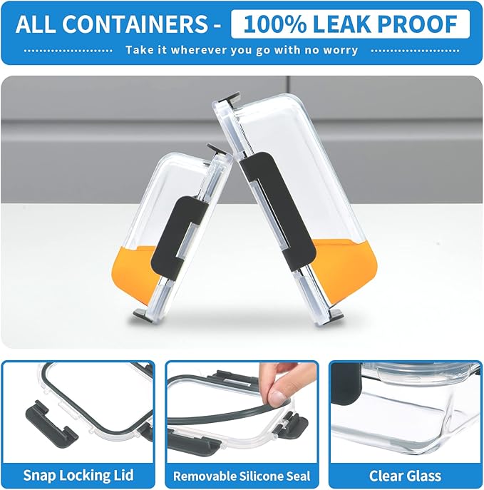 10-Pack Glass Food Storage Containers with Lids [Air-Tight,Leak-Resistant] Glass Containers for Food Storage, Meal Prep, Microwave, Freezer, Dishwasher Safe