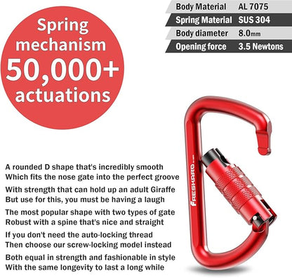 FresKaro 3inch 12kN-2698lbs Auto Locking Carabiner Clips, Solid D Shape, Heavy Duty 7075 Aluminum, Lightweight 1.09oz, Rust Proof, for Hammock, Hiking, Dog Leash, Keychain etc., Multi-Colors