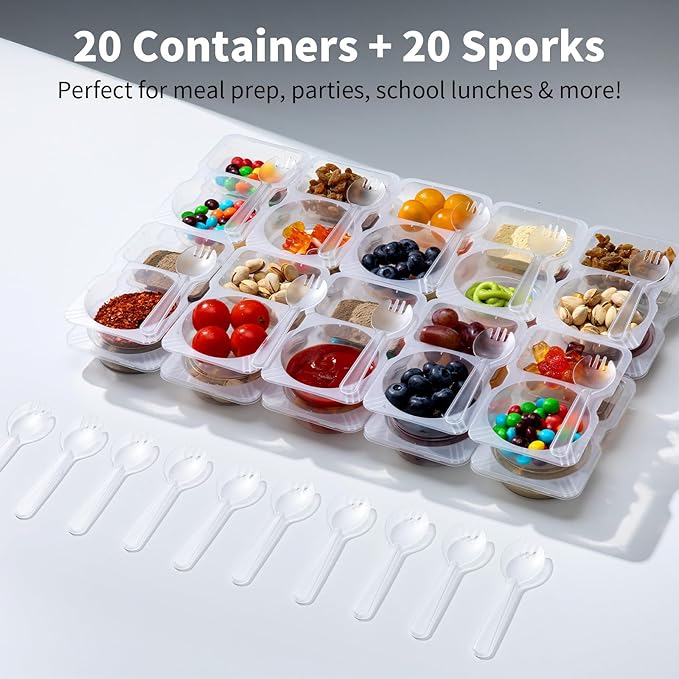 20 Sets Reusable Snack Containers with Lids & 20 Sporks – Double Compartment for Portion Control, BPA-Free Leak-Proof Dipping Containers for Meal Prep, Travel, and Outdoor Snacks (Clear)