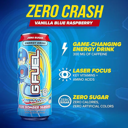 G Fuel Energy Drink, Blue Raspberry, Sugar Free Beverage with 300mg Caffeine, Daily Energy Boost with Focus Amino, Vitamin + Antioxidants, 16 oz Cans (Megaman Blue Bomber, 12-Pack)