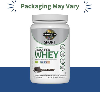 Garden of Life Sport Whey Protein Powder Chocolate, Premium Grass Fed Whey Protein Isolate Plus Probiotics for Immune System Health, 24g Protein, Non GMO, Gluten Free, Cold Processed - 20 Servings