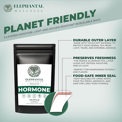 Elephantal Wellness Premium Hormone Herbal Tea | PCOS, Hormonal Balance & Mood Support with Chaste Berry, Shatavari, Dong Quai & Black Cohosh | Handmade, Non-GMO, Caffeine-Free Loose Leaf Blend – 4oz Loose Leaf, 40 Servings