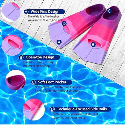 Kids Swim Fins,Short Kids Fins Youth Swimming Flippers for Lap Swimming Training for Children Girls Boys Beginners
