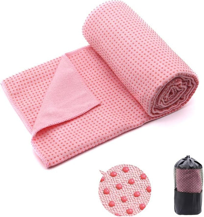 Eunzel Yoga Towel,Hot Yoga Mat Towel with Grip Dots Sweat Absorbent Non-Slip for Hot Yoga, Pilates and Workout 24" x72", Pink