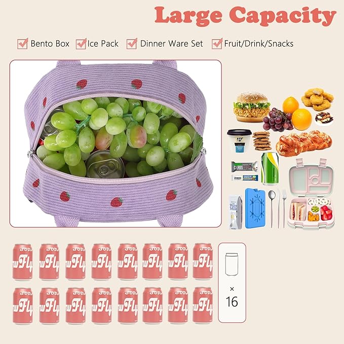 FlowFly Insulated Lunch Bag for Women – Corduroy Lunch Tote Box, Cute Cooler Bag for Work, Travel, Picnic,Corduroy Strawberries Purple