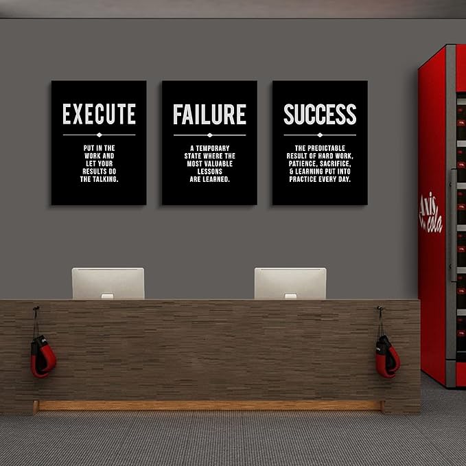 Framed Canvas Wall Art Success Quote For Office, Black Large Positive Motivational Poster, Set of 3, Execute Failure Definition, Inspirational Print (A-3pcs,12x16inchx3pcs)