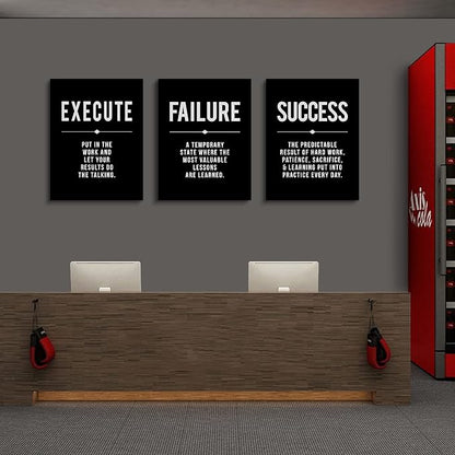 Framed Canvas Wall Art Success Quote For Office, Black Large Positive Motivational Poster, Set of 3, Execute Failure Definition, Inspirational Print (A-3pcs,12x16inchx3pcs)