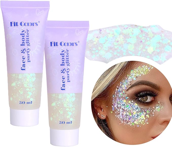 2 Packs White Face Glitter Gel,Singer Concerts Music Festival Rave Accessories,Mermaid Body Glitter Gel,Halloween Hair Sequins Face Glitter Paint Makeup,Sparkling Chunky for Women,100ML