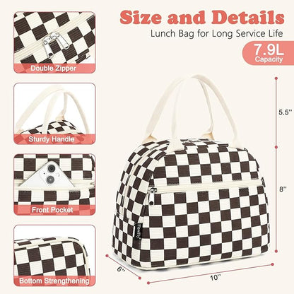 FlowFly Lunch Bag for Women Insulated Lunch Box Corduroy Lunch Tote Cooler for Travel Work Picnic,Corduroy Plaid Coffee