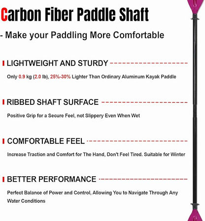 Kayak Paddle Premium Carbon Fiber Paddle with Reinforced PP + Fiberglass Blade, Floating Adjustable Kayaking Oars, 3 Piece, 220-240 cm/86-94 Inches, 240-260 cm/94-102 Inches