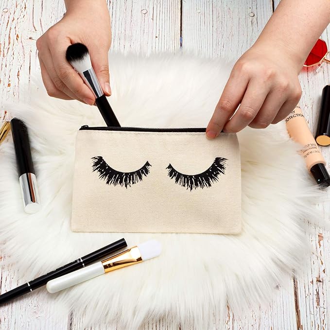 18 Pieces Eyelash Cosmetic Bags Canvas Lash Makeup Bag Travel Make up Pouches Toiletry Bag with Zipper for Women and girls (S, Beige)