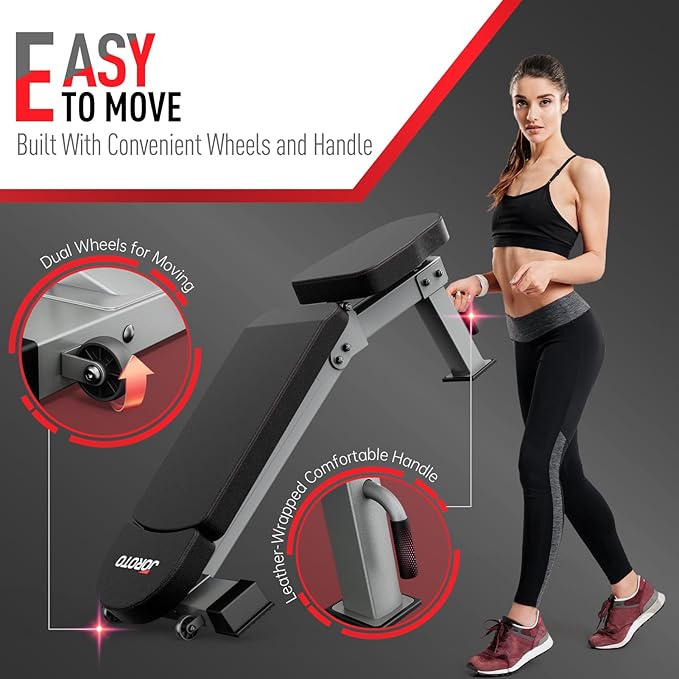 JOROTO MD80 Adjustable Weight Bench, 1000LB Capacity Heavy Duty Strength Training Bench for Home Gym, Flat/Incline/Decline Utility Workout Bench Press with Wheels & Extended Backrest
