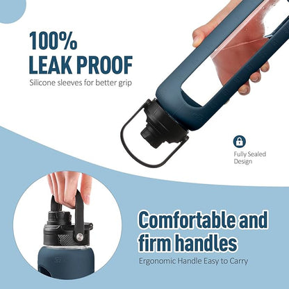 Kodrine Water Bottle with Straw, 24 oz Glass water Bottle with 2 Lids Bamboo Straw Lid and Spout Lid with Handle, 32 oz Clear Water Bottle Glass for Sports Travel, Waterbottle with Time Marker