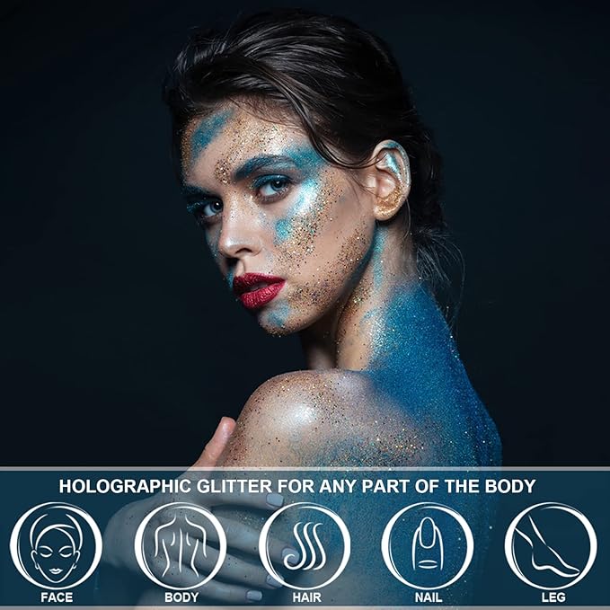Holographic Face Glitter Gel Body Shimmer Makeup for for Hair, Face, Clavicle, Arm, Nail, Eyeshadow, Long Lasting Waterproof Mermaid Sequins Party Glitter for Rave Festival, 1.35oz (Pure Gold #11)
