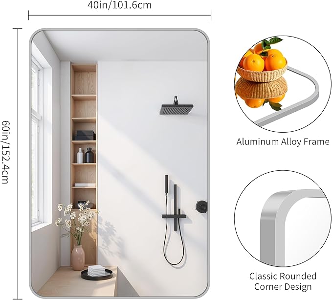 FORBATH 60x40 Inch Silver Bathroom Mirror for Over Sink, Large Rectangular Wall Mirror with Metal Frame, Rounded Corners for Bathroom, Bedroom, Entryway Decor (Horizontal or Vertical)