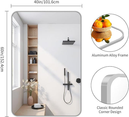 FORBATH 60x40 Inch Silver Bathroom Mirror for Over Sink, Large Rectangular Wall Mirror with Metal Frame, Rounded Corners for Bathroom, Bedroom, Entryway Decor (Horizontal or Vertical)