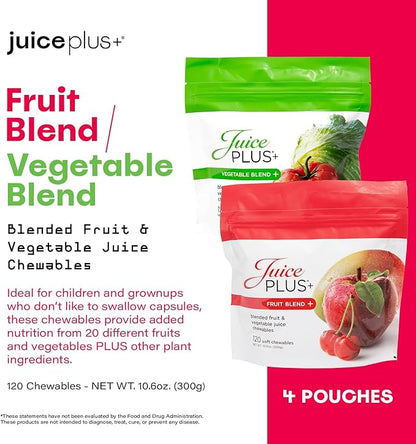 Juice Plus+ Fruit & Vegetable Blend Soft Chews - Tasty Vegan Fruit, Veggie Gummy Vitamins for Adults & Kids - 4 Month Supply 4 Packs (2 of Each Flavor)