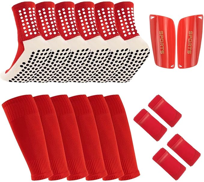 3 Pairs Mens Grip Soccer Socks, 3 Pairs Shin Sleeves with 1 Pack Shin Guards and 4 Shin Straps, Soccer Football Game Set 11 Pcs