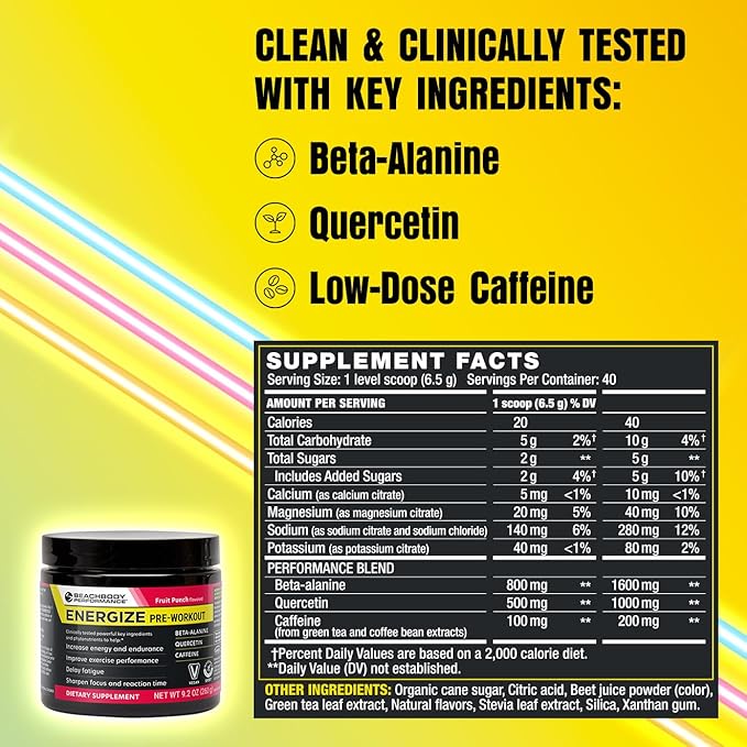 BODi Energize Pre Workout Powder - Beta-Alanine, Quercetin & Low-Dose Caffeine Formula for Enhanced Energy & Focus, Increase Energy & Endurance Supplement, Fruit Punch, 40 Servings