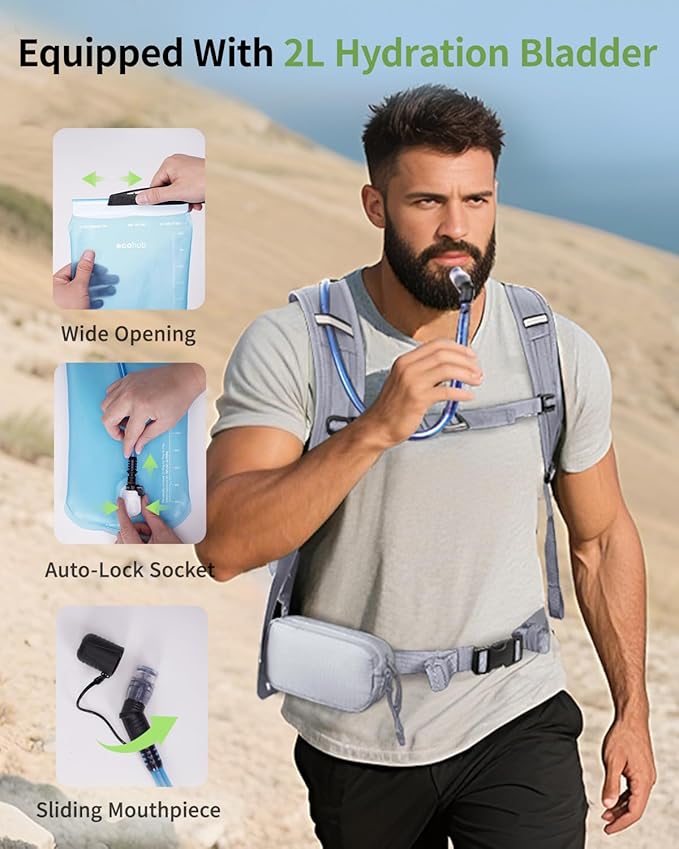 ECOHUB Hydration Backpack for Men Women, 20L Lightweight Hiking Daypack Cycling Backpack with 2L Water Bladder, Insulated Hydration Pack with Waist Pack