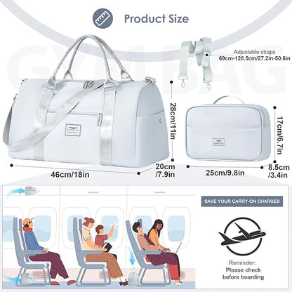 FIORETTO Womens Gym Tote Duffle Bag with Toiletry Bag, Sports Duffel Overnight Hospital Workout Carry on Bag for Girls with Wet Pocket & Shoe Compartment, Ideal for Travel, Swimming, Dance Grey