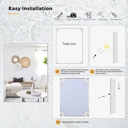 27x40 Inch Nickel Bathroom Mirror for Wall, Aluminum Frame Rectangle Rectangular Vanity Mirror, Modern Large for Bedroom, Living Room, Horizontal or Vertical