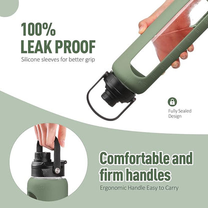 Kodrine Water Bottle with Straw, 24 oz Glass water Bottle with 2 Lids Bamboo Straw Lid and Spout Lid with Handle, 32 oz Clear Water Bottle Glass for Sports Travel, Waterbottle with Time Marker