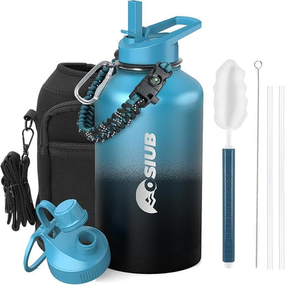 Insulated Water Bottle 64 oz, Triple Wall Vacuum Stainless Steel(Cold for 48 Hrs),Leak Proof & BPA-Free,Half Gallon Water Bottle with Reflective Paracord & Flip Straw for Sports & Travel, Indigo-Black