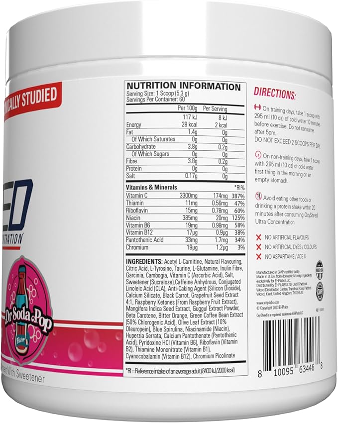 EHP Labs OxyShred Thermogenic Fat Burner - Pre-Workout Powder with L-Glutamine, Acetyl L-Carnitine, Metabolism Booster, Weight Loss, Appetite Control, Energy Drink, Dr. Soda Pop, 60 Servings