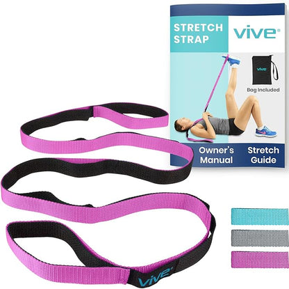 Vive Stretch Strap (75" - 10 Loops) - Leg Stretch Band to Improve Flexibility - Stretching Out Yoga Strap - Exercise and Physical Therapy Belt for Rehab, Pilates and Gymnastics with Guide Book
