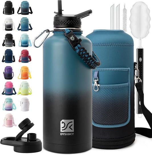 Insulated Water Bottle | Thickened Stainless Steel for Gym and Hiking with Straw, Carrier Bag, Handle Strap | BPA-Free 87 oz