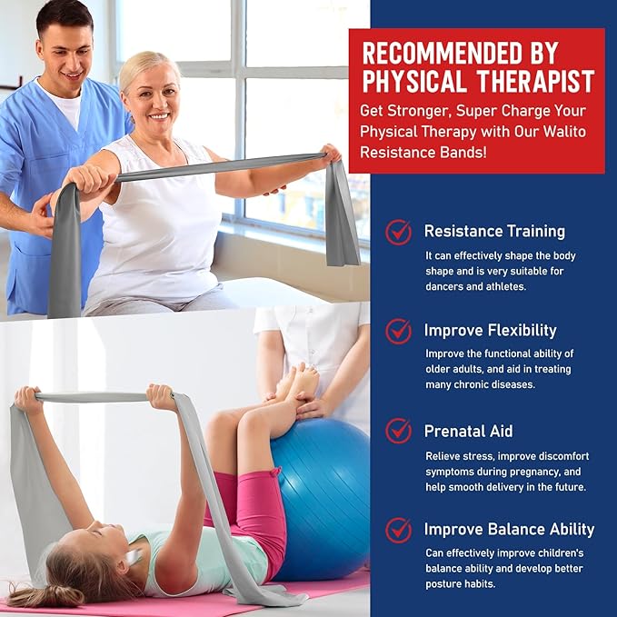 WALITO Resistance Bands for Working Out, Exercise Bands for Women and Men, Workout Bands for Physical Therapy, Stretch, Recovery, Pilates, Rehab, Strength Training and Home Gym