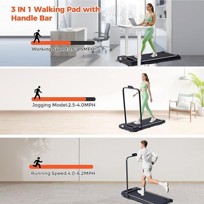 Folding Walking Pad Treadmill with Handle Bar, 3.5HP Compact Portable Foldable Walking Pads Treadmill with Handles, Electric Small Treadmills for Home Office Apartment, LED Display, 400 LBS Capacity