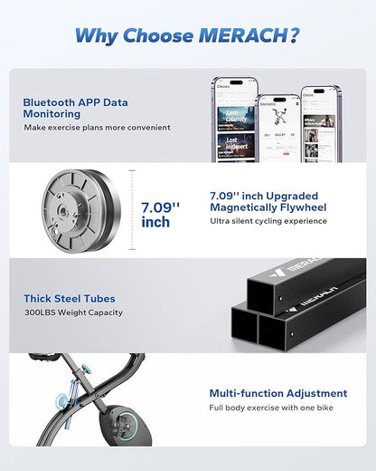 MERACH Folding Exercise Bike, Foldable Stationary Bikes for Home, 4 in 1 Upright Indoor Cycling Bike with 16-Level Magnetic Resistance, 300LBS Capacity X Bike with Exclusive APP
