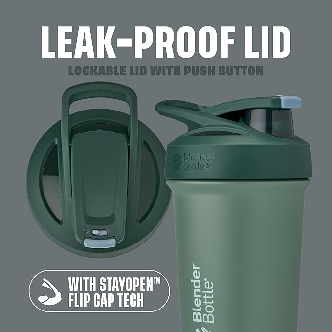 BlenderBottle Strada Sleek Shaker Cup Insulated Stainless Steel Water Bottle with Wire Whisk, 25-Ounce, (Green) Seaglass